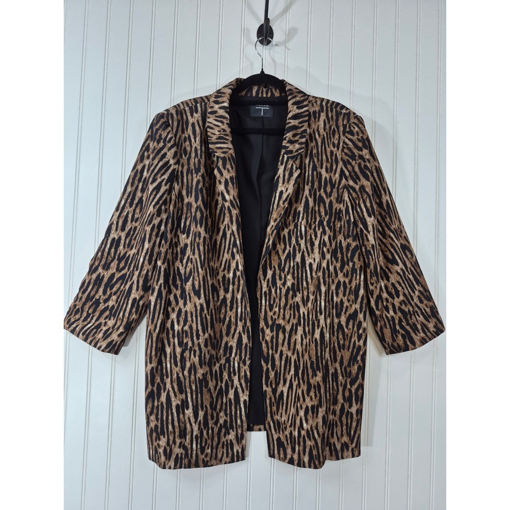 Tahari Brown Leopard Print Open Front Blazer Gold Button Detail 3/4 Sleeve L